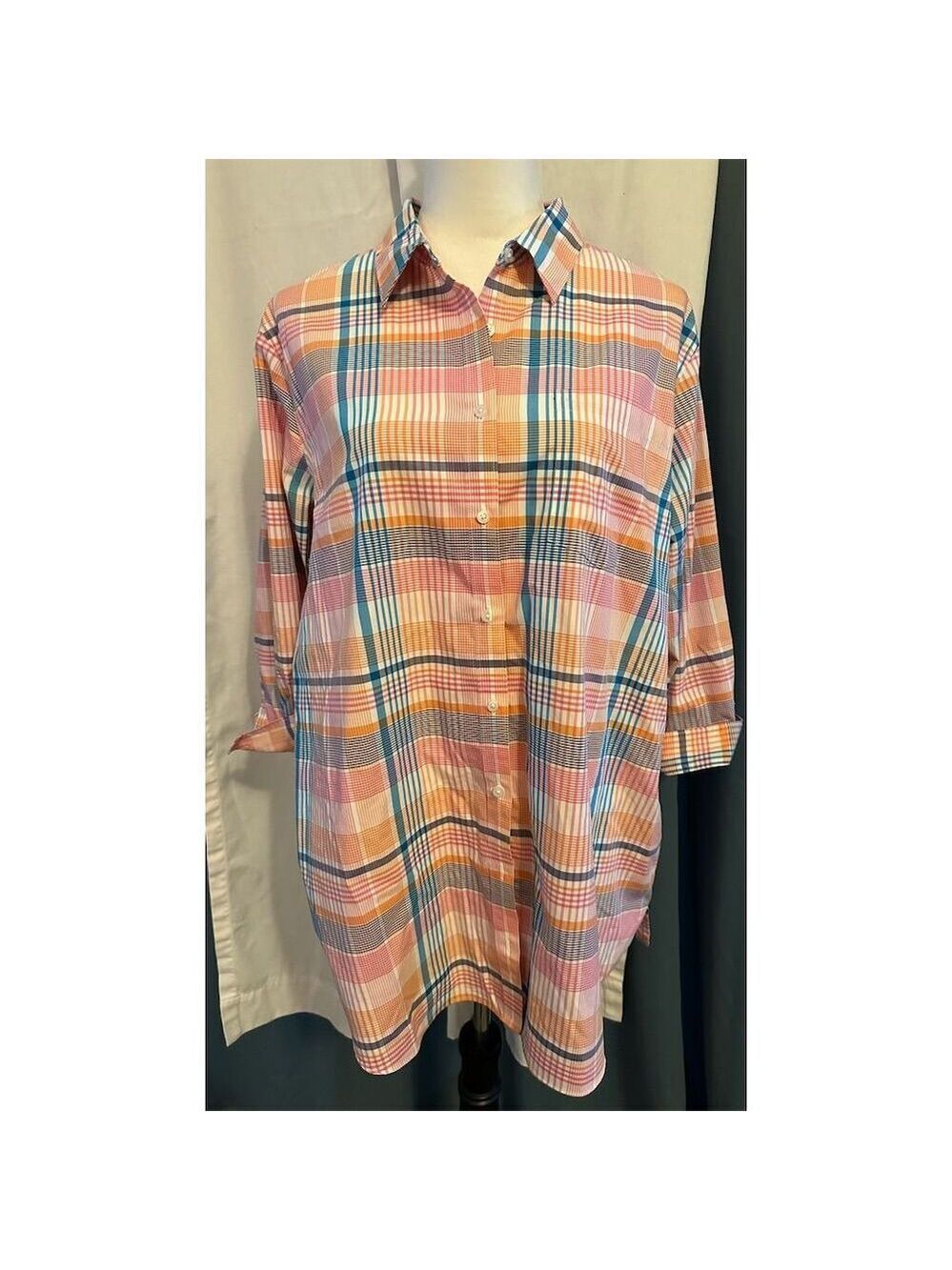 Lands' End Women's Plaid Button-Up Shirt Size 18 Multicolor 3/4 Sleeve